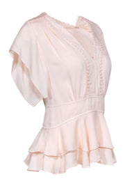 Current Boutique-Rebecca Taylor - Pale Pink Short Sleeve Ruffled Silk Blouse w/ Embroidered Trim Sz 2