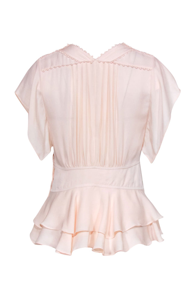 Current Boutique-Rebecca Taylor - Pale Pink Short Sleeve Ruffled Silk Blouse w/ Embroidered Trim Sz 2