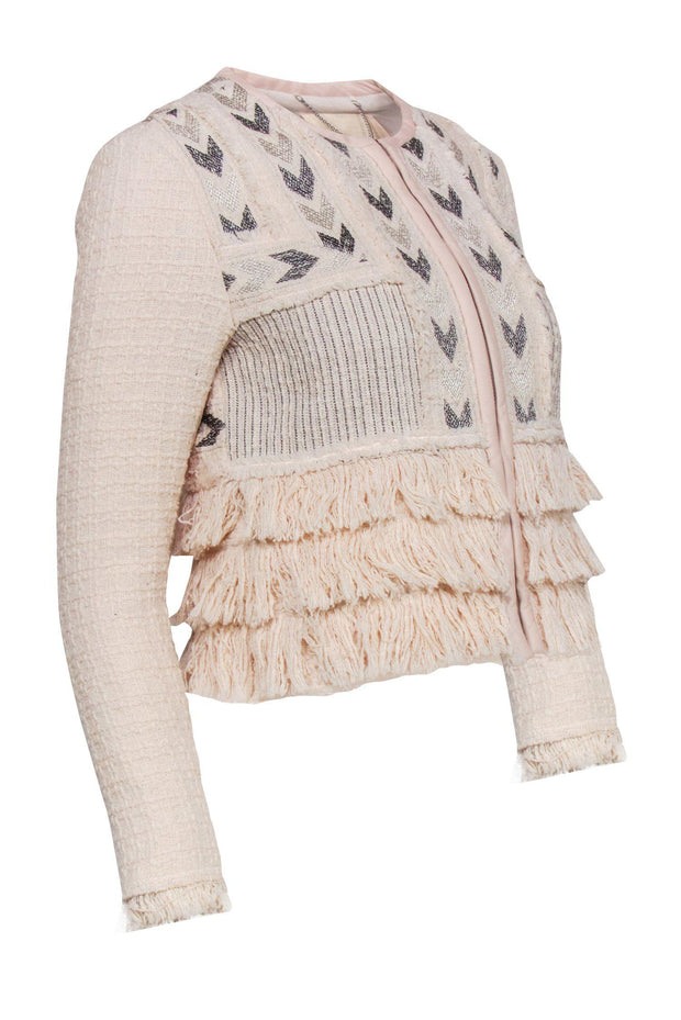 Current Boutique-Rebecca Taylor - Pale Pink & Silver Chevron Embroidered Jacket w/ Fringe Trim Sz 4