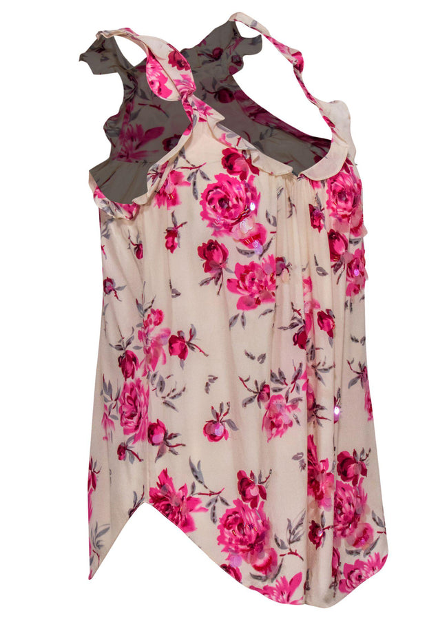 Current Boutique-Rebecca Taylor - Pink Floral Print & Sequin Ruffle Tank Sz 6