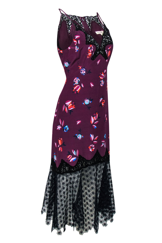 Current Boutique-Rebecca Taylor - Plum Floral Print Silk Dress w/ Black & Navy Lace Trim Sz 8