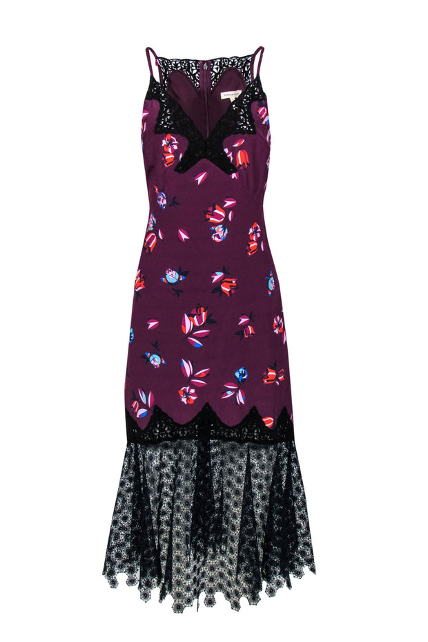 Current Boutique-Rebecca Taylor - Plum Floral Print Silk Dress w/ Black & Navy Lace Trim Sz 8