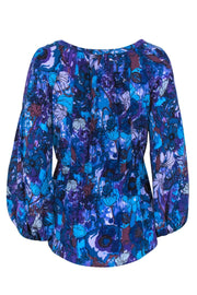 Current Boutique-Rebecca Taylor - Purple & Blue Floral Print Long Sleeve Silk Blouse w/ Neck Tie Sz 10