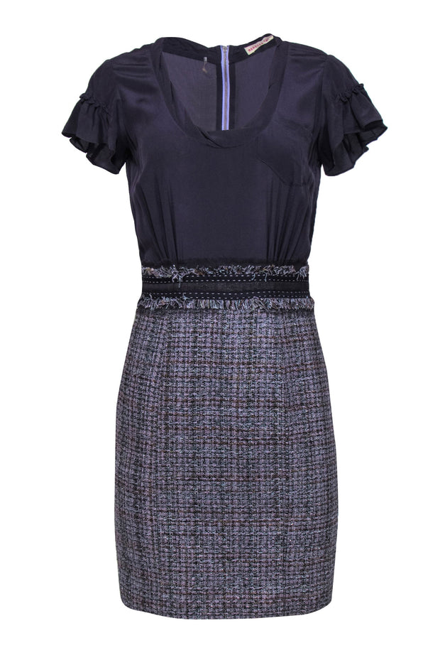Current Boutique-Rebecca Taylor - Purple Silk Blend Sheath Dress w/ Metallic Tweed Skirt Sz 6