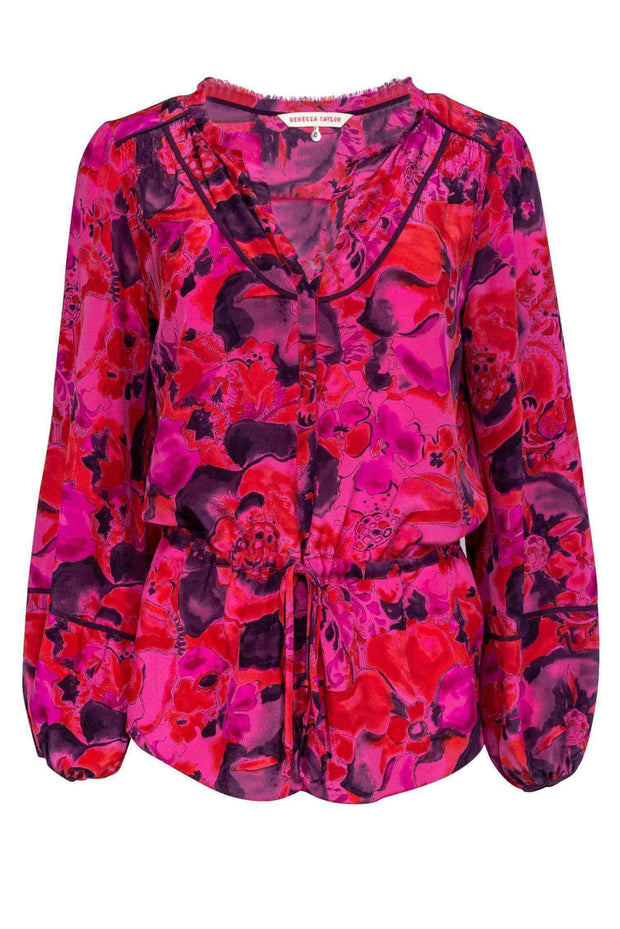 Current Boutique-Rebecca Taylor - Red & Purple Silk Floral Blouse Sz 6