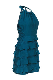 Current Boutique-Rebecca Taylor - Teal Silk Mock-Halter Mini Dress w/ Lace & Ruffle Details Sz 8