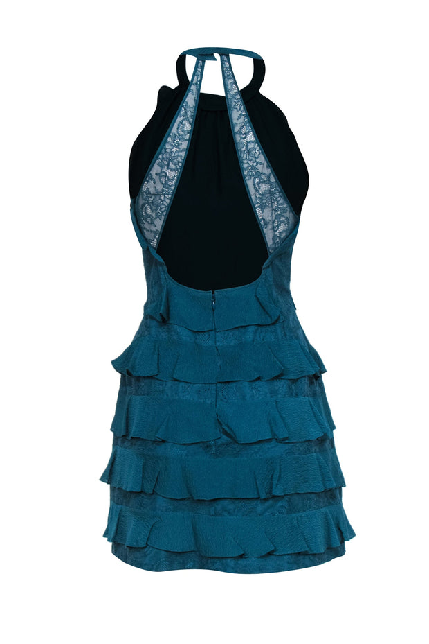 Current Boutique-Rebecca Taylor - Teal Silk Mock-Halter Mini Dress w/ Lace & Ruffle Details Sz 8