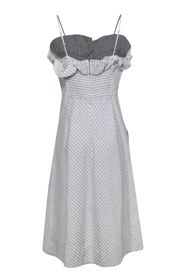 Current Boutique-Rebecca Taylor - White & Blue Chevron Striped & Speckled Midi Dress w/ Ruffles Sz 12