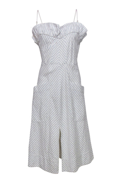 Current Boutique-Rebecca Taylor - White & Blue Chevron Striped & Speckled Midi Dress w/ Ruffles Sz 12