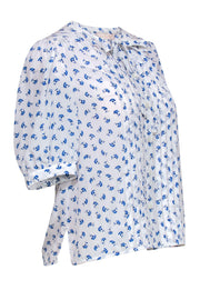 Current Boutique-Rebecca Taylor - White & Blue Floral Print Puff Sleeve Silk Blouse Sz S
