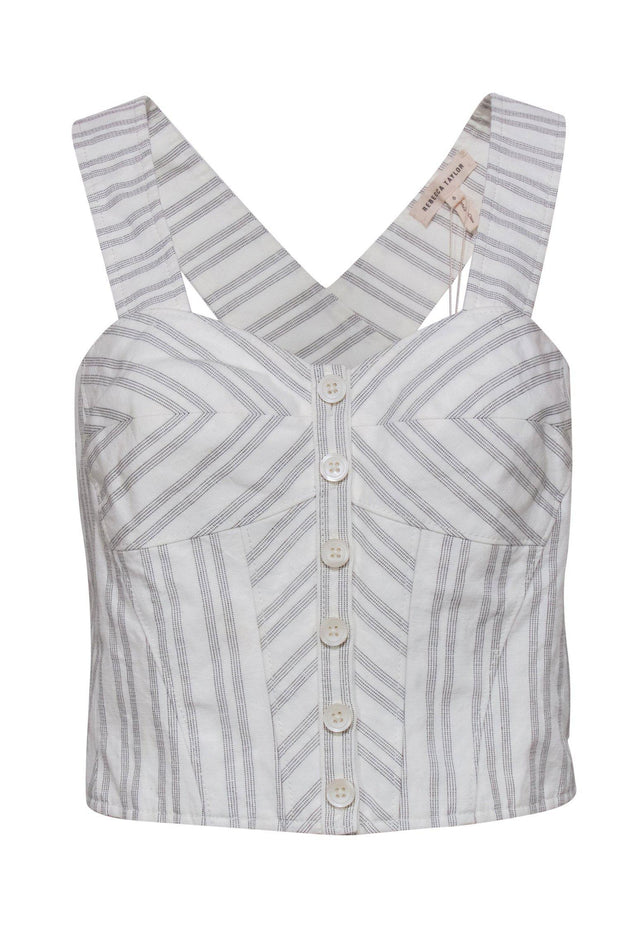 Current Boutique-Rebecca Taylor - White & Grey Striped Button-Up Cropped Tank w/ Crisscross Back Sz 6