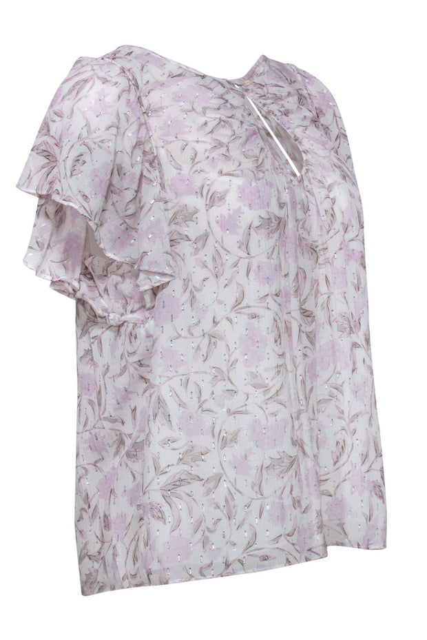 Current Boutique-Rebecca Taylor - White & Lavender Metallic Floral Print Ruffle Blouse Sz 14