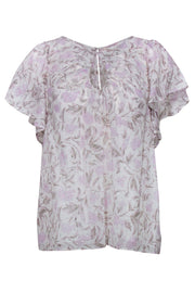 Current Boutique-Rebecca Taylor - White & Lavender Metallic Floral Print Ruffle Blouse Sz 14
