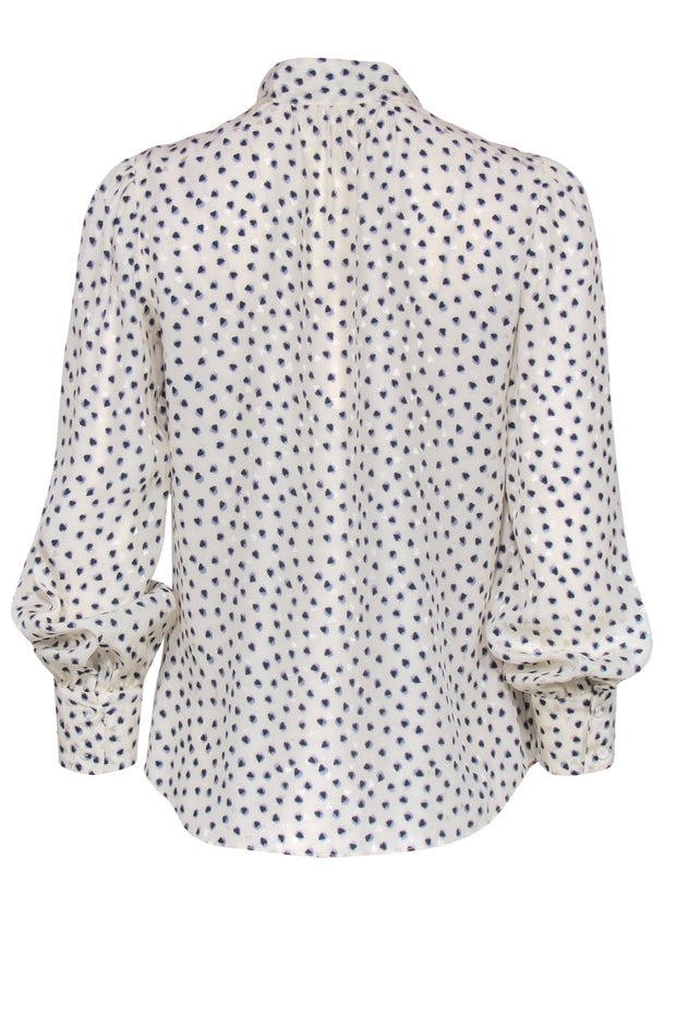 Current Boutique-Rebecca Taylor - White & Navy Heart Print Button-Up Silk Blouse w/ Necktie Sz 4