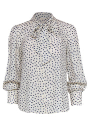 Current Boutique-Rebecca Taylor - White & Navy Heart Print Button-Up Silk Blouse w/ Necktie Sz 4