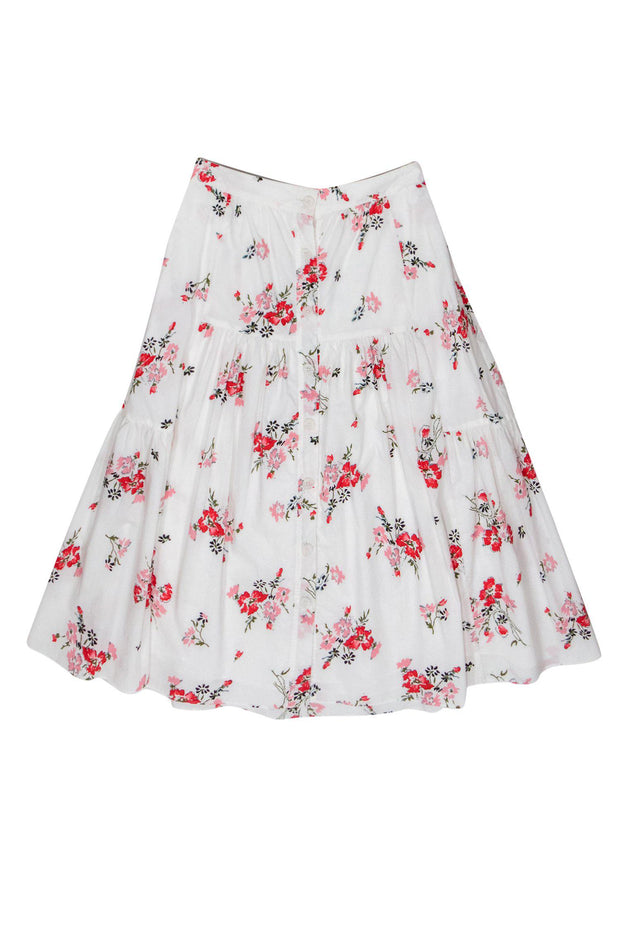 Current Boutique-Rebecca Taylor - White & Pink Floral Print Button-Up A-Line Skirt Sz 4