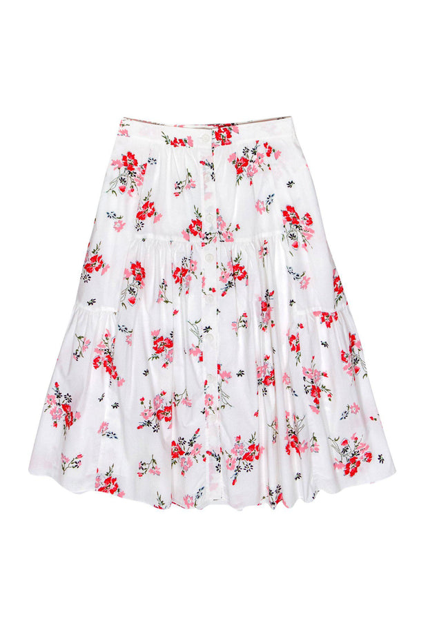 Current Boutique-Rebecca Taylor - White & Pink Floral Print Button-Up A-Line Skirt Sz 8