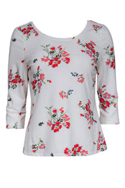 Current Boutique-Rebecca Taylor - White & Pink Floral Print Quarter Sleeve Top Sz L