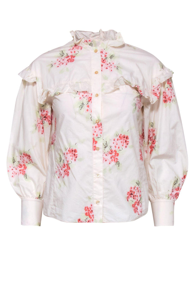 Current Boutique-Rebecca Taylor - White & Pink Floral Print Ruffle Button-Up Blouse Sz 00