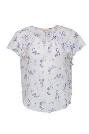 Current Boutique-Rebecca Taylor - White Silk Ruffled Sleeve Blouse w/ Blue Flowers Sz 6