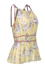 Current Boutique-Rebecca Taylor - Yellow Floral Silk Pleated Tank w/ Contrasting Straps Sz 4