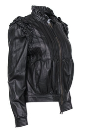 Current Boutique-Red Valentino - Black Ruffled & Pleated Zip-Up Leather Jacket Sz 6