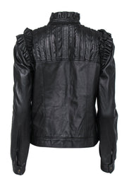 Current Boutique-Red Valentino - Black Ruffled & Pleated Zip-Up Leather Jacket Sz 6