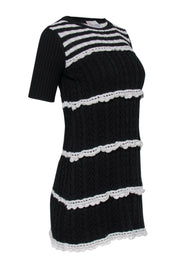 Current Boutique-Red Valentino - Black & White Cable Knit & Crochet Striped Mini Dress Sz XXS