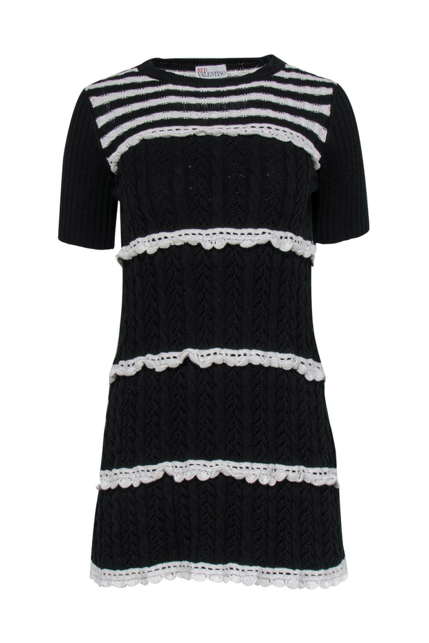 Current Boutique-Red Valentino - Black & White Cable Knit & Crochet Striped Mini Dress Sz XXS