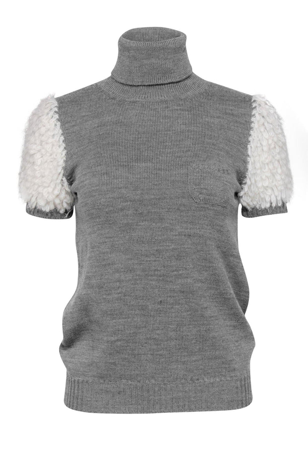 Current Boutique-Red Valentino - Grey Knit Turtleneck Sweater w/ Short Sherpa Sleeves Sz S