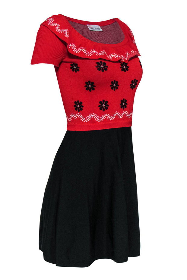 Current Boutique-Red Valentino - Red & Black Floral Knit Ruffle Dress Sz XS