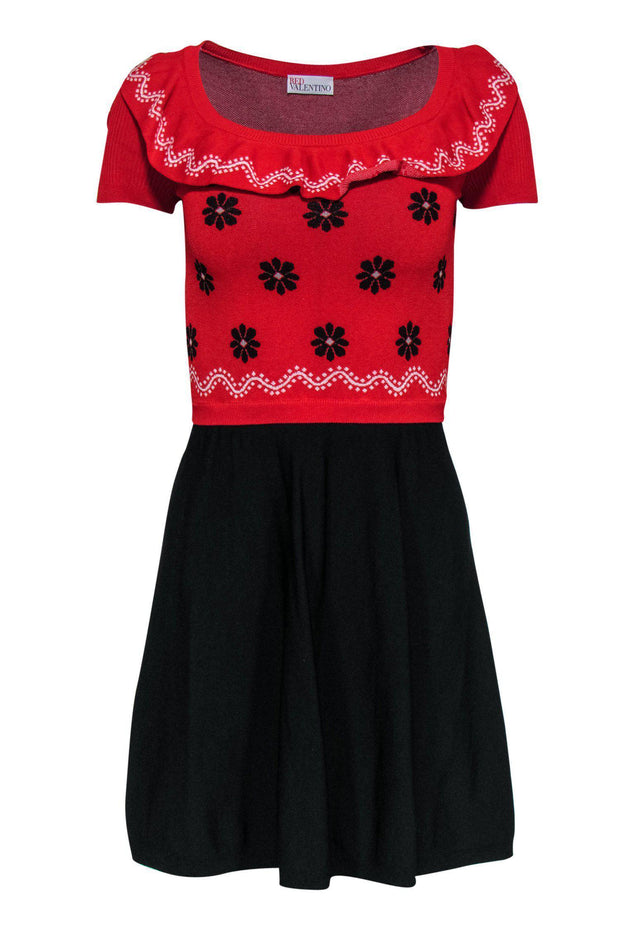 Current Boutique-Red Valentino - Red & Black Floral Knit Ruffle Dress Sz XS