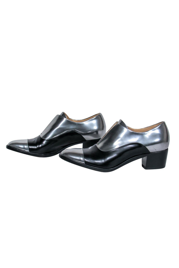Current Boutique-Reed Krakoff - Silver & Black Leather Block Heel Loafers Sz 7.5