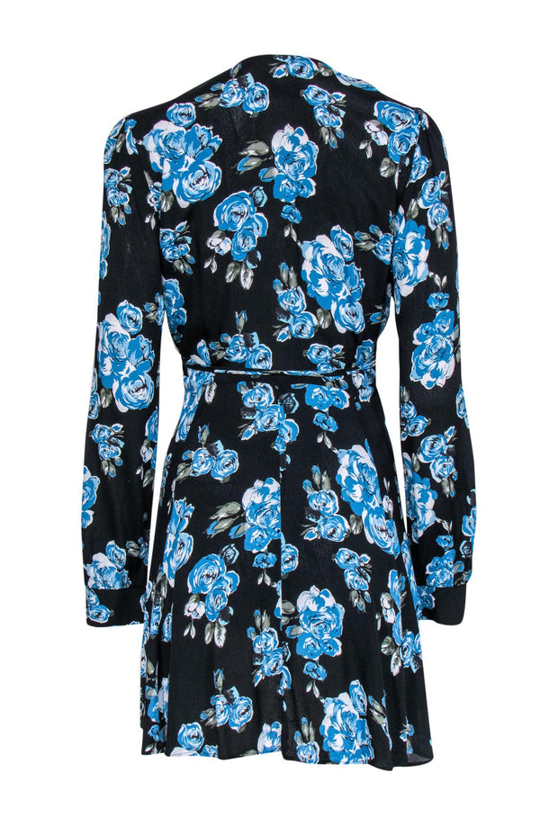 Current Boutique-Reformation - Black & Blue Rose Print Long Sleeve Wrap Dress Sz PL