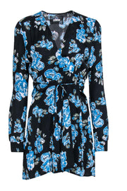 Current Boutique-Reformation - Black & Blue Rose Print Long Sleeve Wrap Dress Sz PL