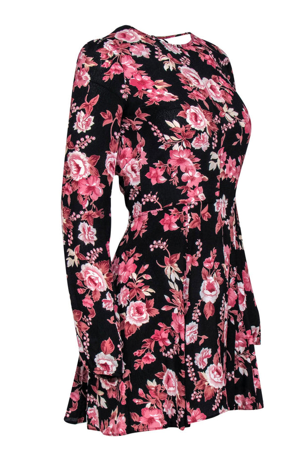 Current Boutique-Reformation - Black & Floral Print Long Sleeve Open Back Mini Dress Sz S