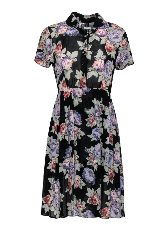 Current Boutique-Reformation - Black & Floral Sheer A-Line Shirt Dress Sz 4P
