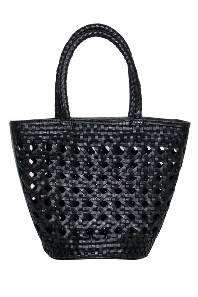 Current Boutique-Reformation - Black Leather Woven Basket-Style Bucket Bag