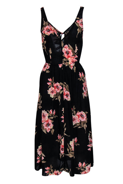 Current Boutique-Reformation - Black, Pink & Green Floral Print Open Back Midi Dress Sz S
