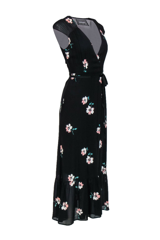 Current Boutique-Reformation - Black, Pink & Green Floral Print Wrap Maxi Dress Sz XS