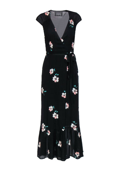 Current Boutique-Reformation - Black, Pink & Green Floral Print Wrap Maxi Dress Sz XS