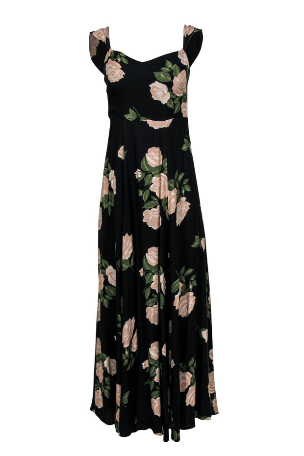 Current Boutique-Reformation - Black & Pink Rose Print Sleeveless Maxi Dress Sz 6