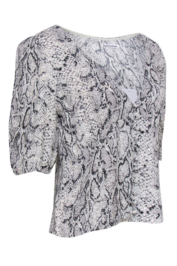 Current Boutique-Reformation - Black & White Snakeskin Print Puff Sleeve Blouse Sz XL
