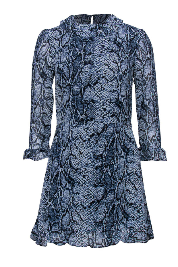 Current Boutique-Reformation - Blue Snakeskin Print Fit & Flare Dress w/ Ruffle Trim Sz 4