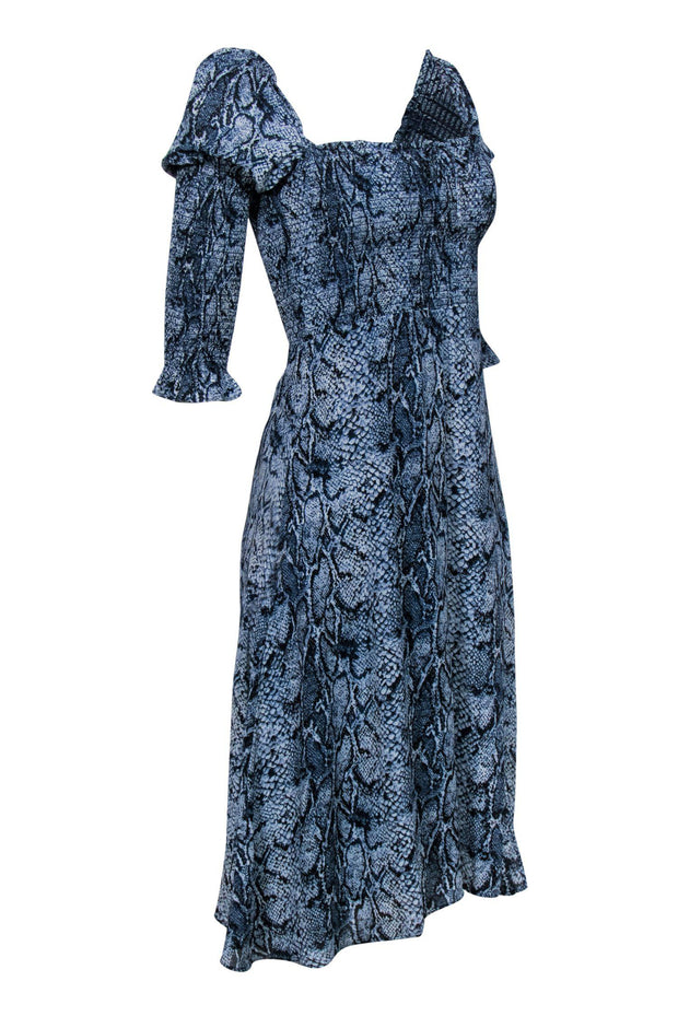 Current Boutique-Reformation - Blue Snakeskin Print Puff Sleeve Midi Dress Sz 6