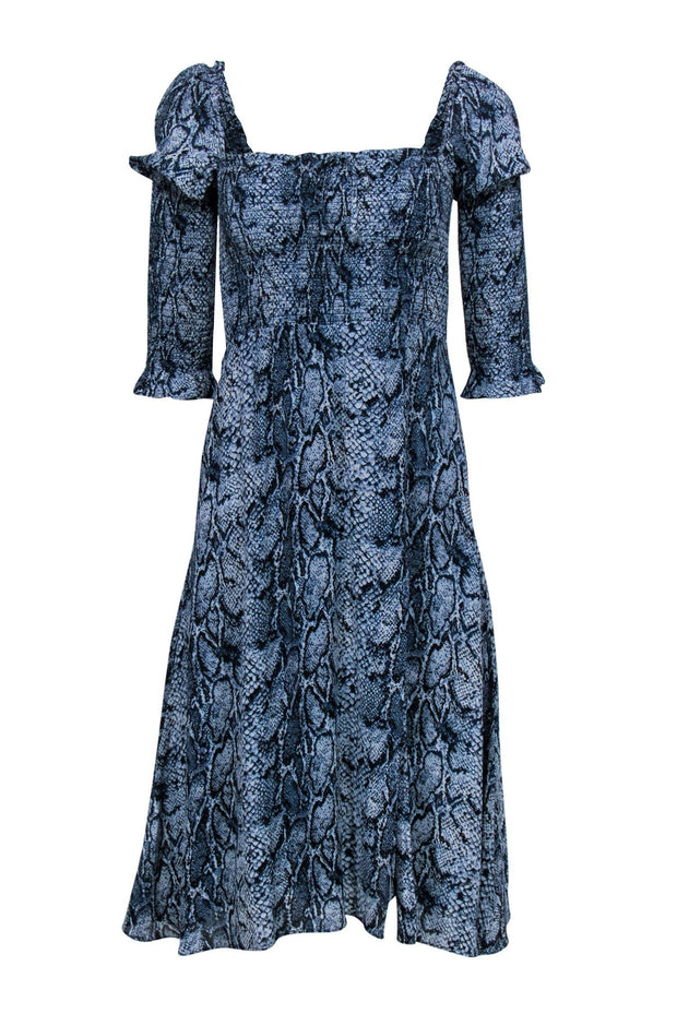 Current Boutique-Reformation - Blue Snakeskin Print Puff Sleeve Midi Dress Sz 6