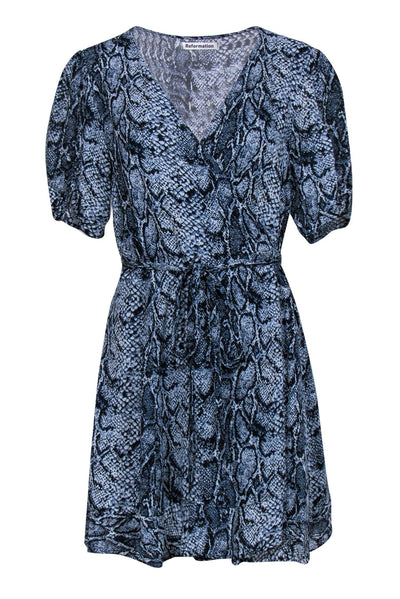 Current Boutique-Reformation - Blue Snakeskin Print Ruched Sleeve Wrap Dress Sz 1X