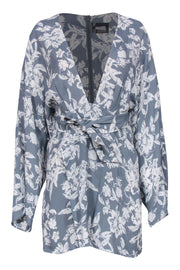 Current Boutique-Reformation - Blue & White Floral Print Long Sleeve Faux Wrap Dress w/ Belt Sz 8