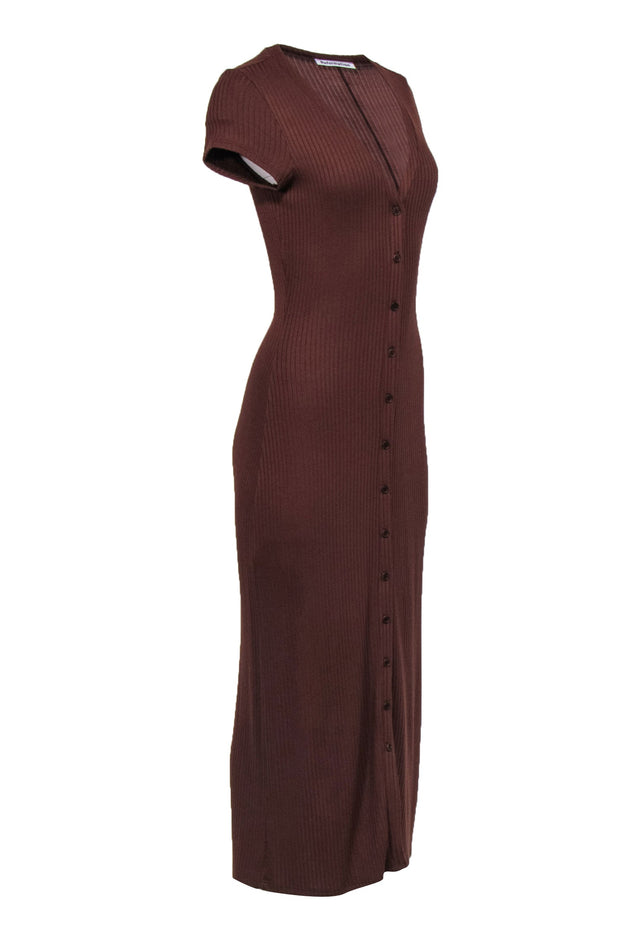 Current Boutique-Reformation - Brown Ribbed Knit Button Front Maxi Dress Sz M