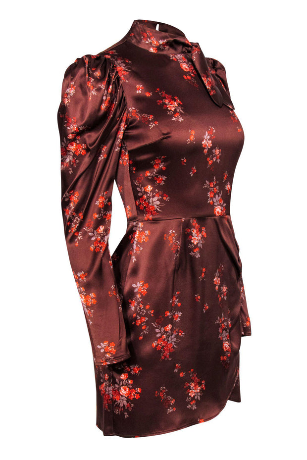 Current Boutique-Reformation - Brown Satin & Orange Floral Dress w/ Neck Bow Sz 2